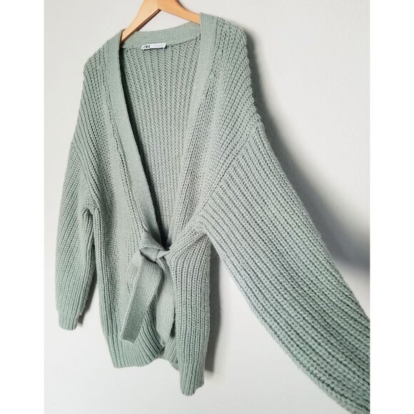 ZARA Sage Green Knit Wrap Tie Belt Cardigan M Sweater Chunky Knit Cozy Soft Long - Picture 12 of 16